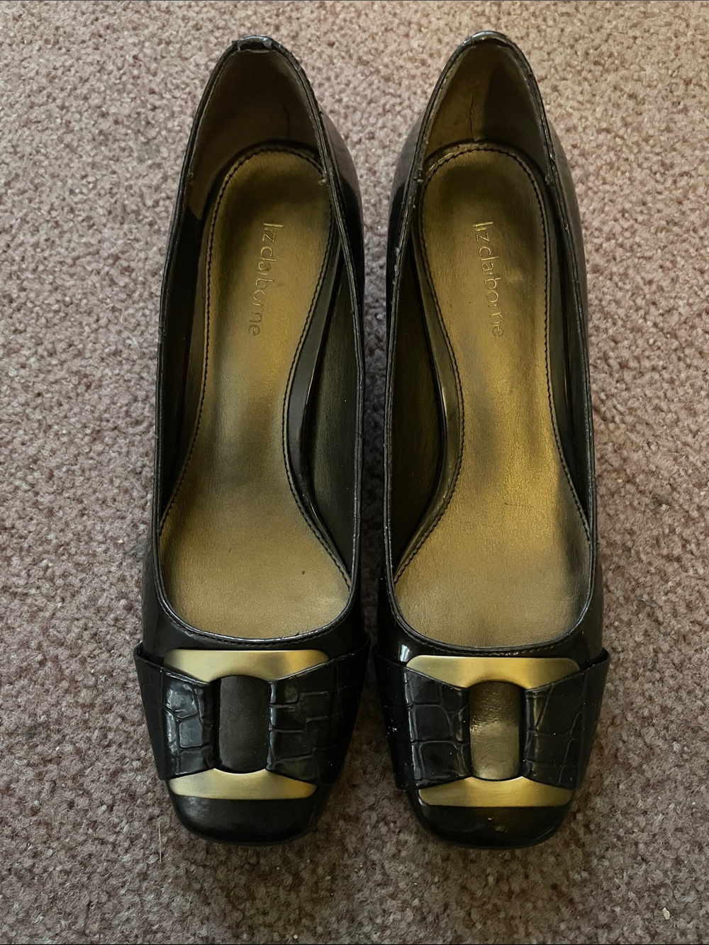 Liz Claiborne Black Croc-Embossed Square-Toe Pumps with Gold Accent